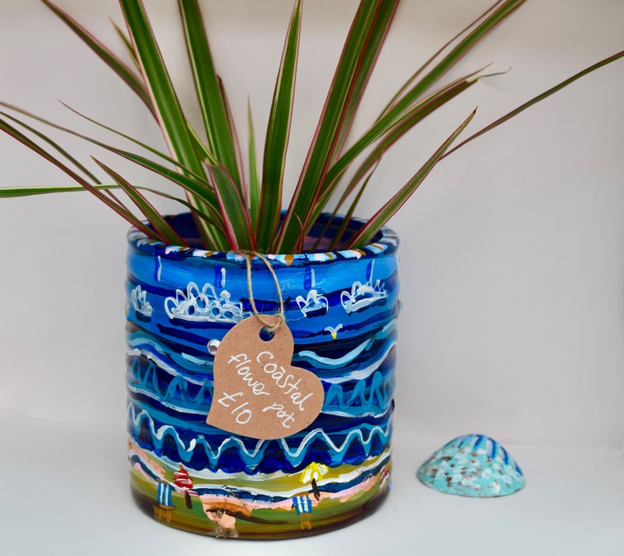 Beach Days – Hand Painted Coastal Plant Pot – Blue Ceramic Flower Pot