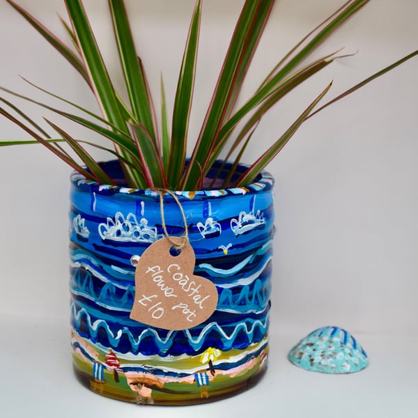 Beach Days – Hand Painted Coastal Plant Pot – Blue Ceramic Flower Pot