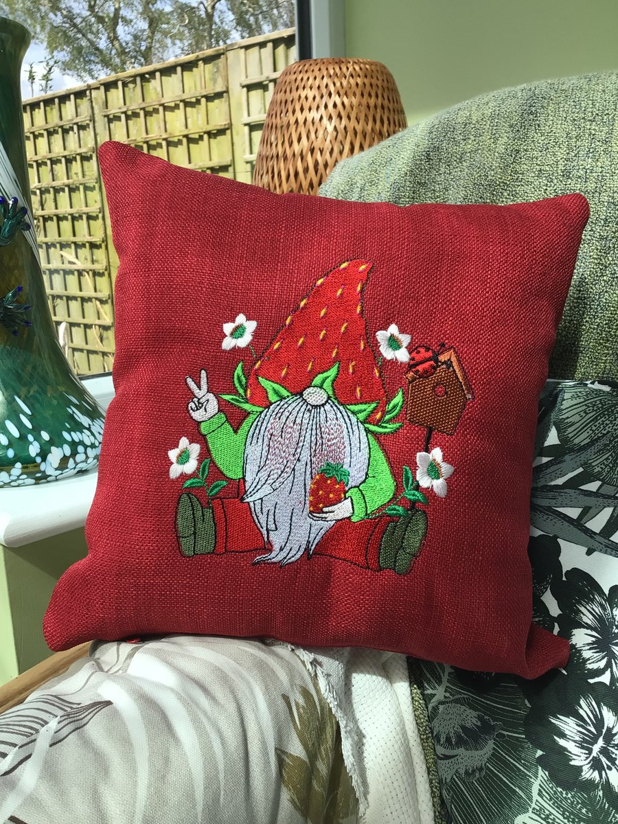 Embroidered strawberry Gnome cushion. Red.