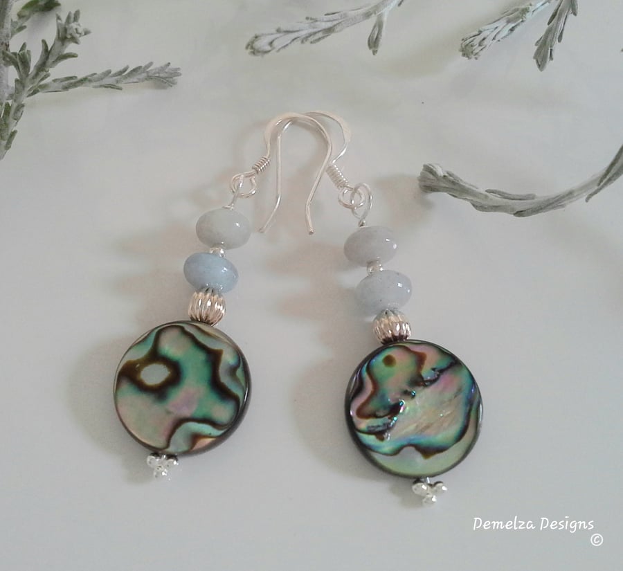 Dainty Natural Abalone Shell & Aquamarine Sterling Silver Earrings