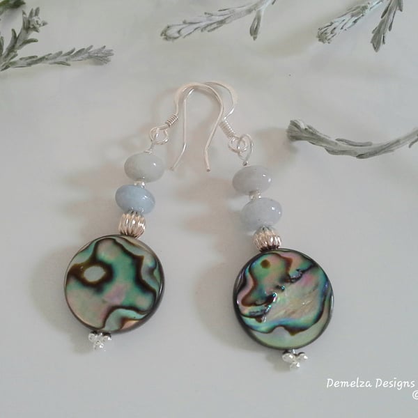 Natural Abalone Shell & Aquamarine Sterling Silver Earrings