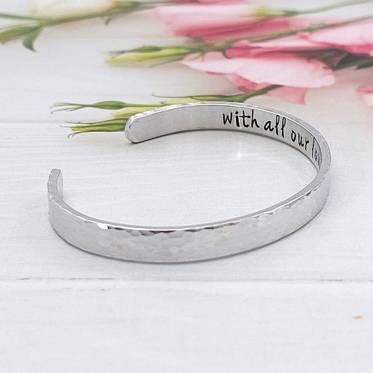 Hand Stamped Personalised Hammered Hidden Message Cuff Bracelet for Women Men