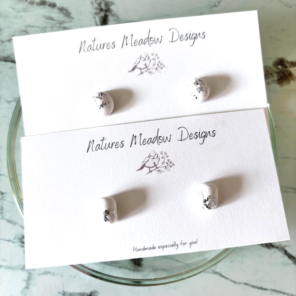 White and Silver Leaf Stud Earrings: White Dome or Rectangle, eco friendly 
