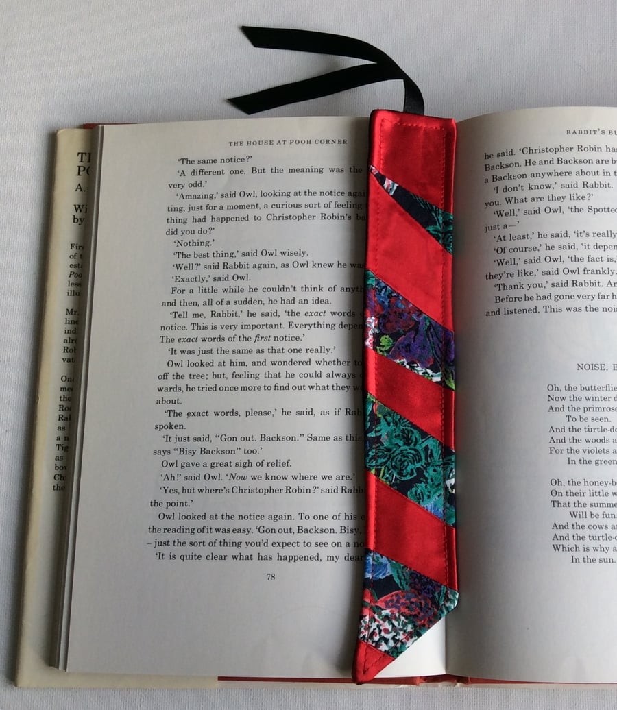 Fabric bookmark, red satin and floral patchwork