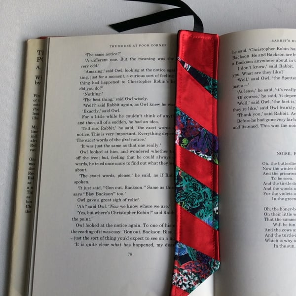 Fabric bookmark, red satin and floral patchwork