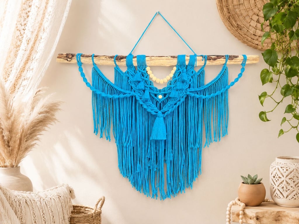 Vibrant Blue Macrame Wall Hanging - Natural Wood Dowel, Boho Chic Tapestry,