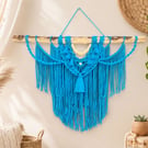 Vibrant Blue Macrame Wall Hanging - Natural Wood Dowel, Boho Chic Tapestry,