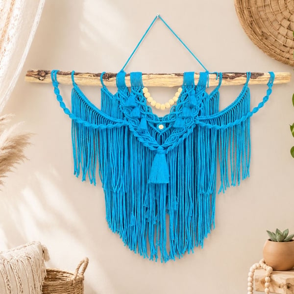 Vibrant Blue Macrame Wall Hanging - Natural Wood Dowel, Boho Chic Tapestry,