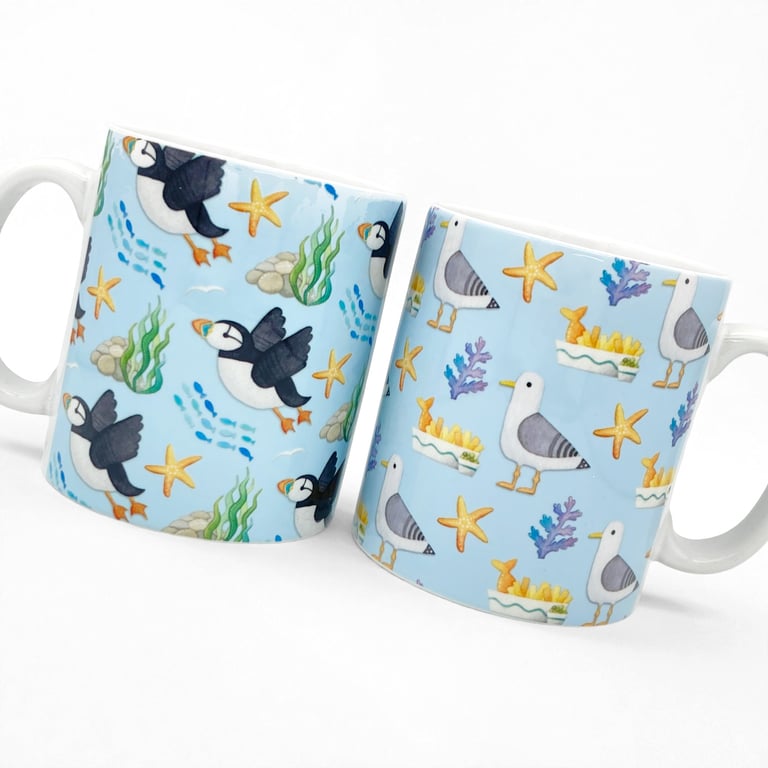 Set of 2 Mugs - Puffin and Seagull Seaside Mug. Coastal Nautical Kitchen Decor