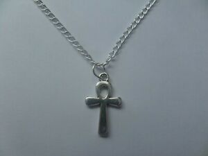 ankh cross pendant necklace silver plated 18" curb chain silver charm