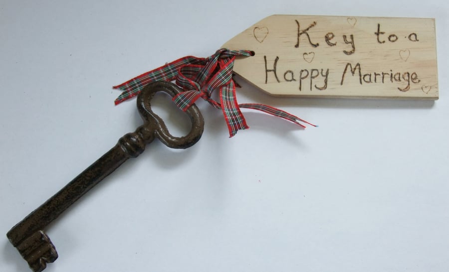 Key to a Happy Marriage key with it's own wooden tag for wedding anniversary.