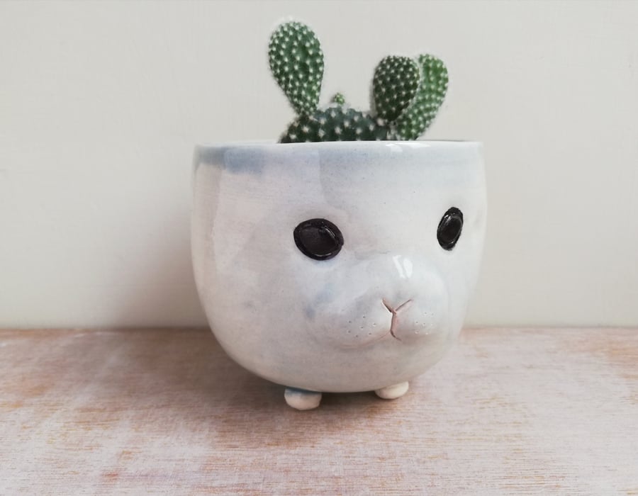 Grey bunny rabbit plant pot handmade ceramic planter for cactus or herbs