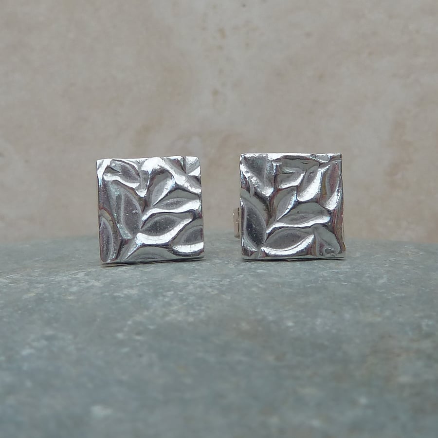 Fine Silver Patterned Square Stud Earrings - STUD074 - Sterling Silver