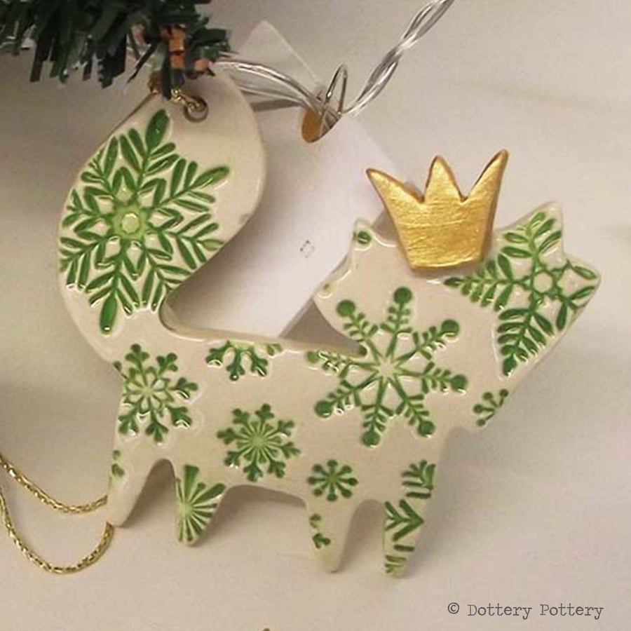 Ceramic Christmas Fox decoration GREEN