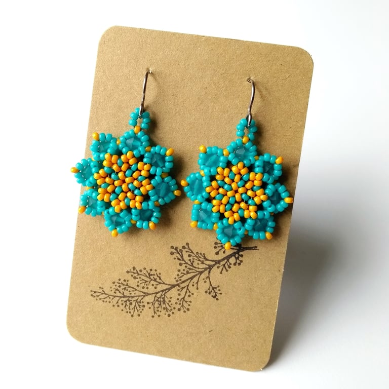 Mandala Style Crystal Earrings in Turquoise Teal and Orange