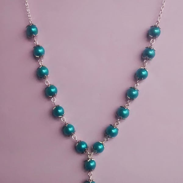 Vintage Style Turquoise Glass Pearl Y-shaped Dropper Necklace & Earring set