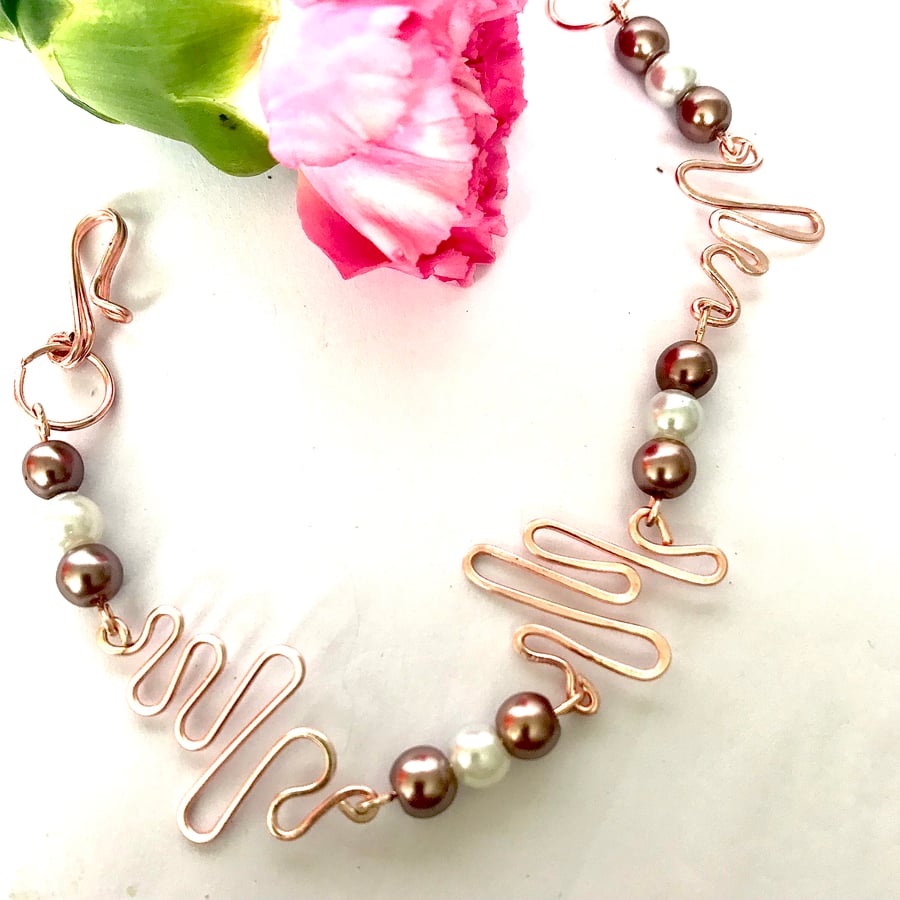 Rose Gold Bracelet Featuring Taupe & White Glass Pearls, Swirl design 
