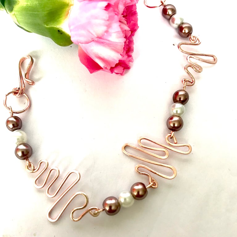 Rose Gold Bracelet Featuring Taupe & White Glass Pearls, Swirl design 