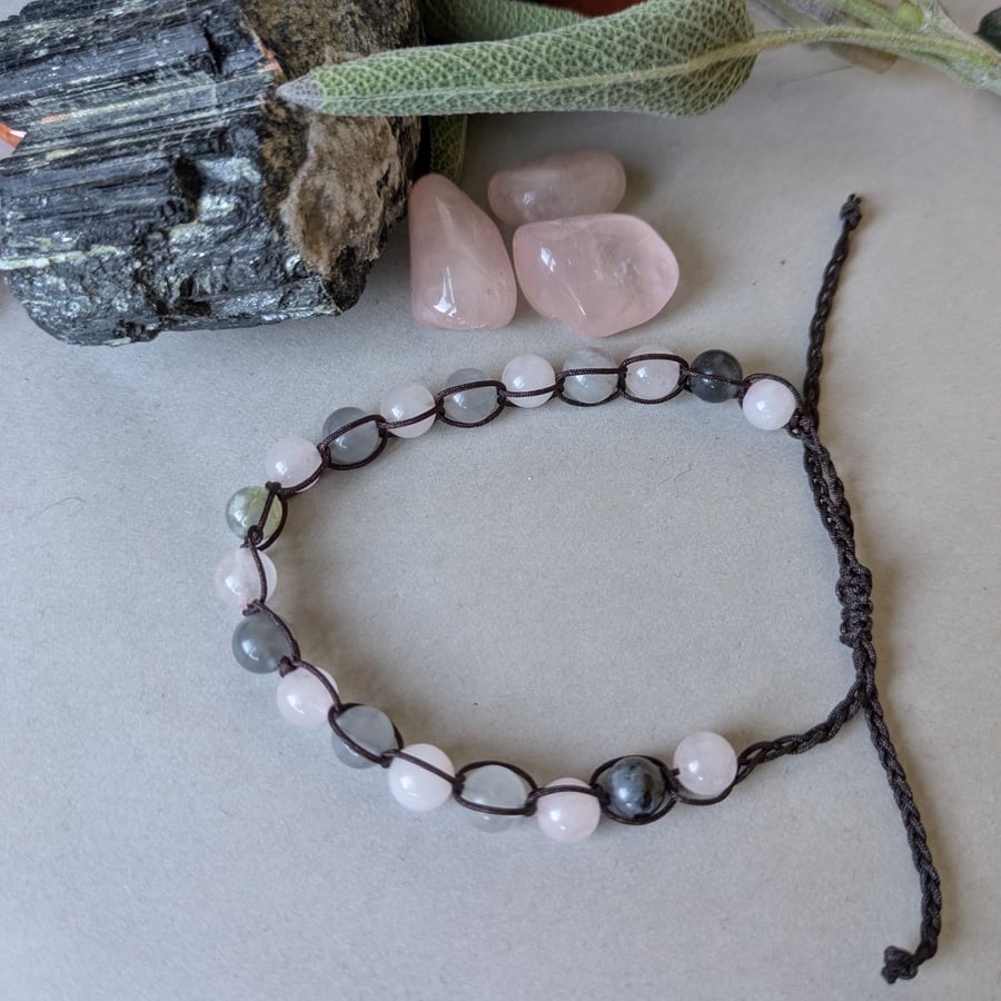 Rose and cloud quartz  adjustable bracelet for love and optimism