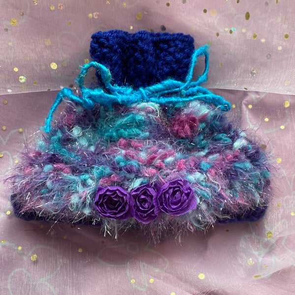 Hand knitted purple and blue gift bag