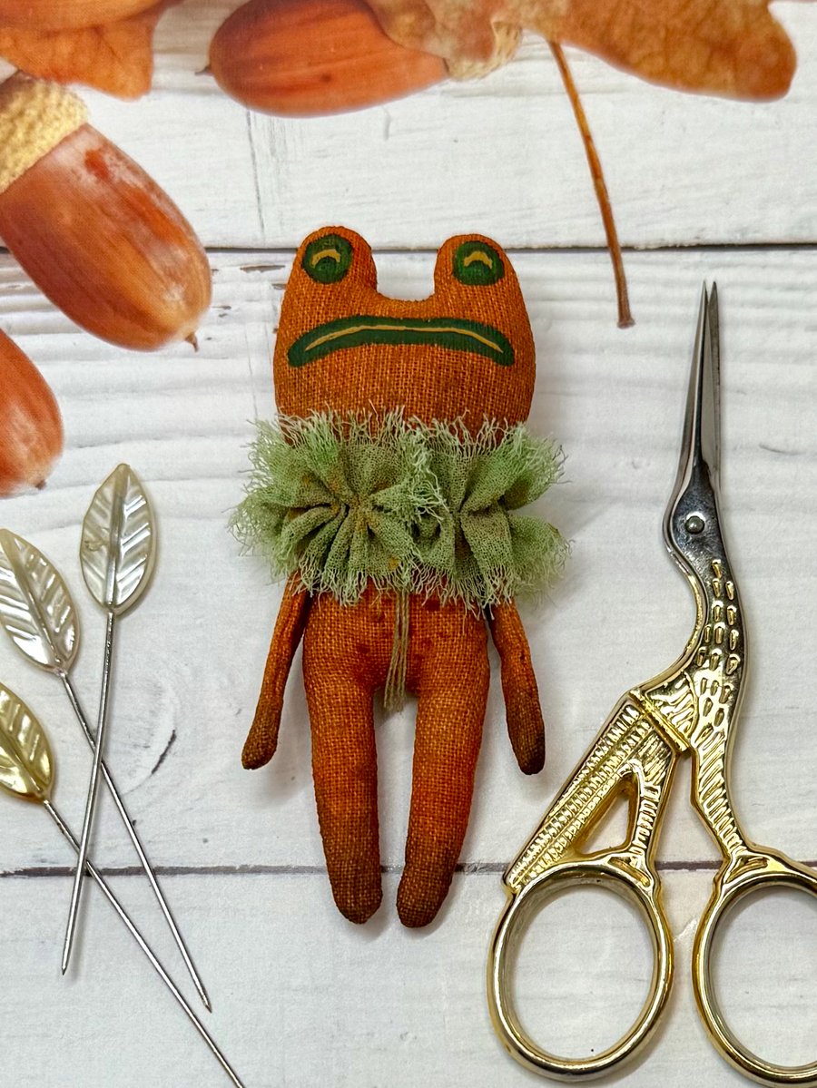 Hand Painted Miniature Frog Art Doll in Orange
