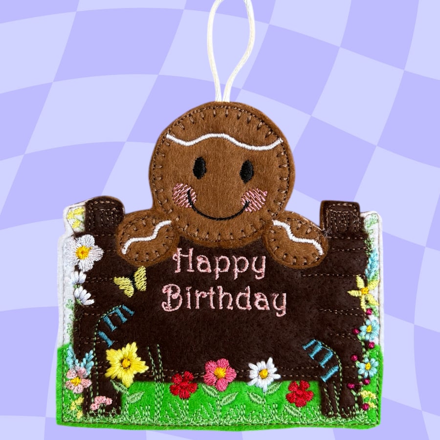 Happy Birthday fence Embroidered Hanging Keepsake - gingerbread man