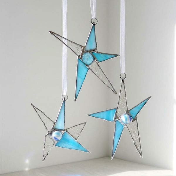 5 x Ice Blue and Turquoise Stained Glass Stars Christmas Tree Decorations