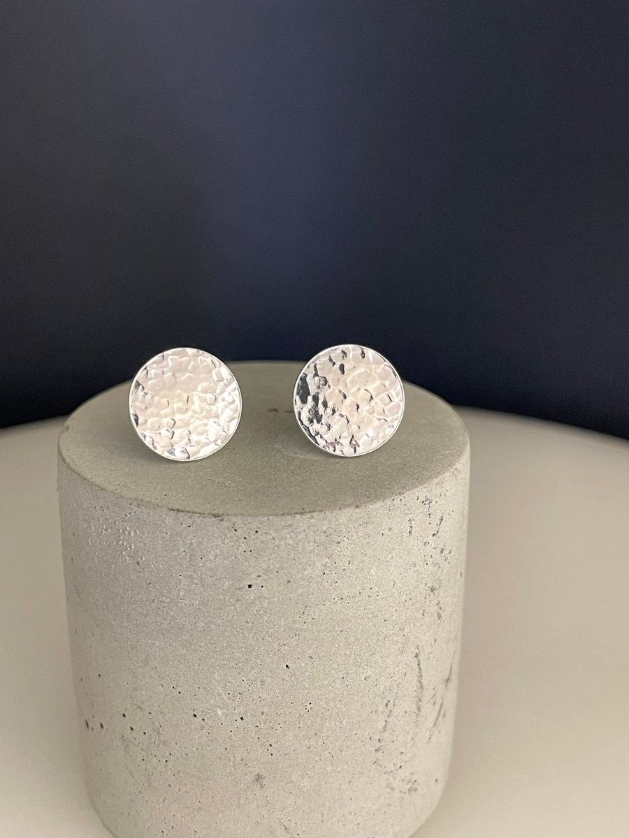 Sterling Silver Round Disc Ear Stud Earrings 10mm  - Hammered-Sparkly - Handmade