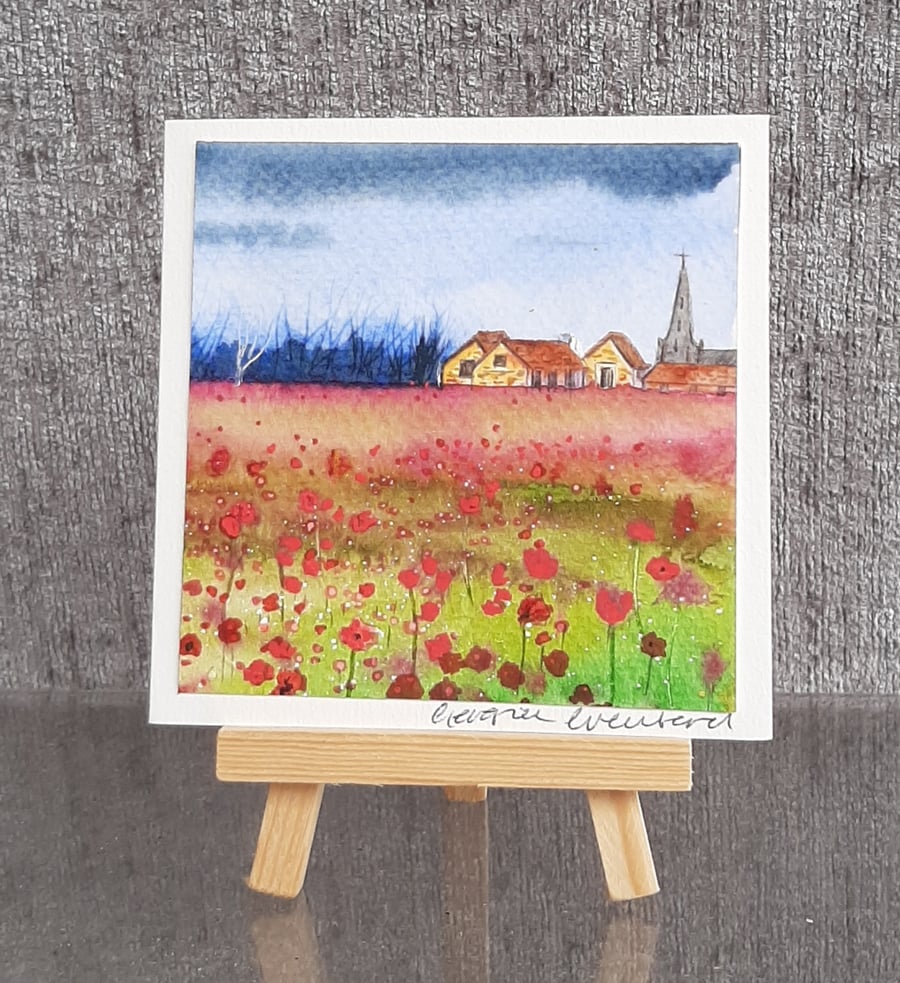 Mini Handpainted Blank Card. A Church Over Poppy Fields 