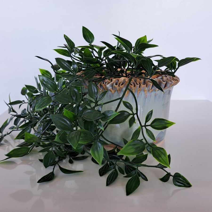 HAND MADE CERAMIC PLANT POT HOLDER - glazed in off white with green haze