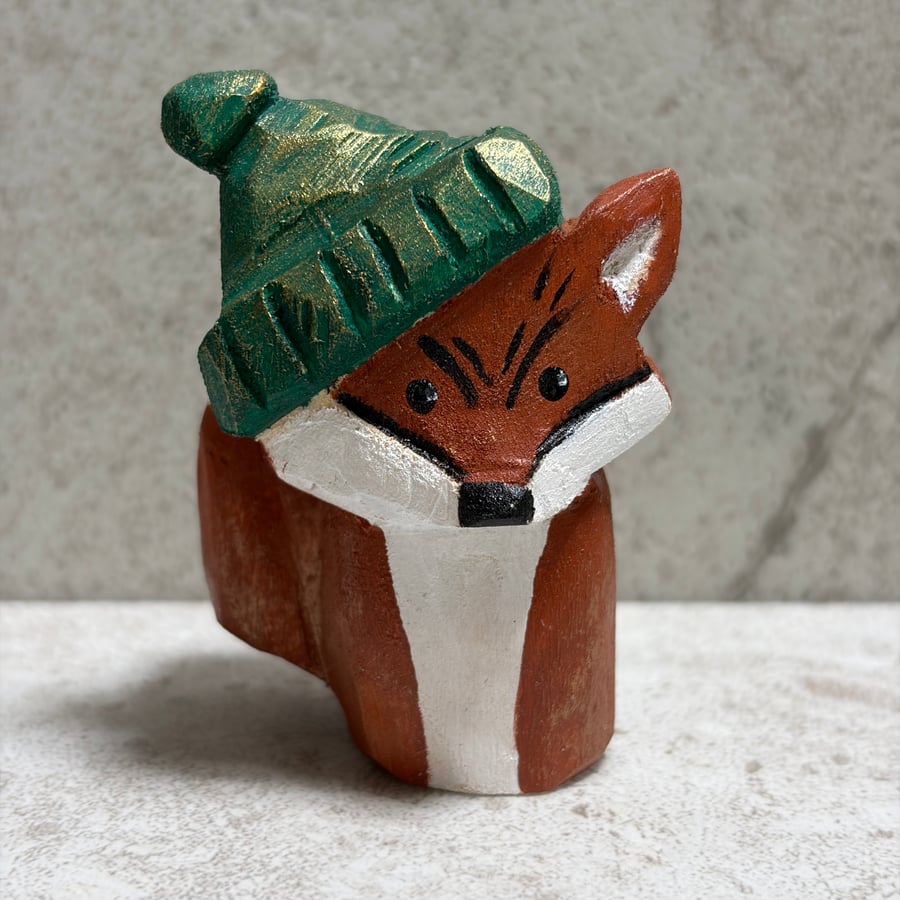 Mini Hand Carved Wooden Fox Sculpture – One of a Kind Folk Art Figure