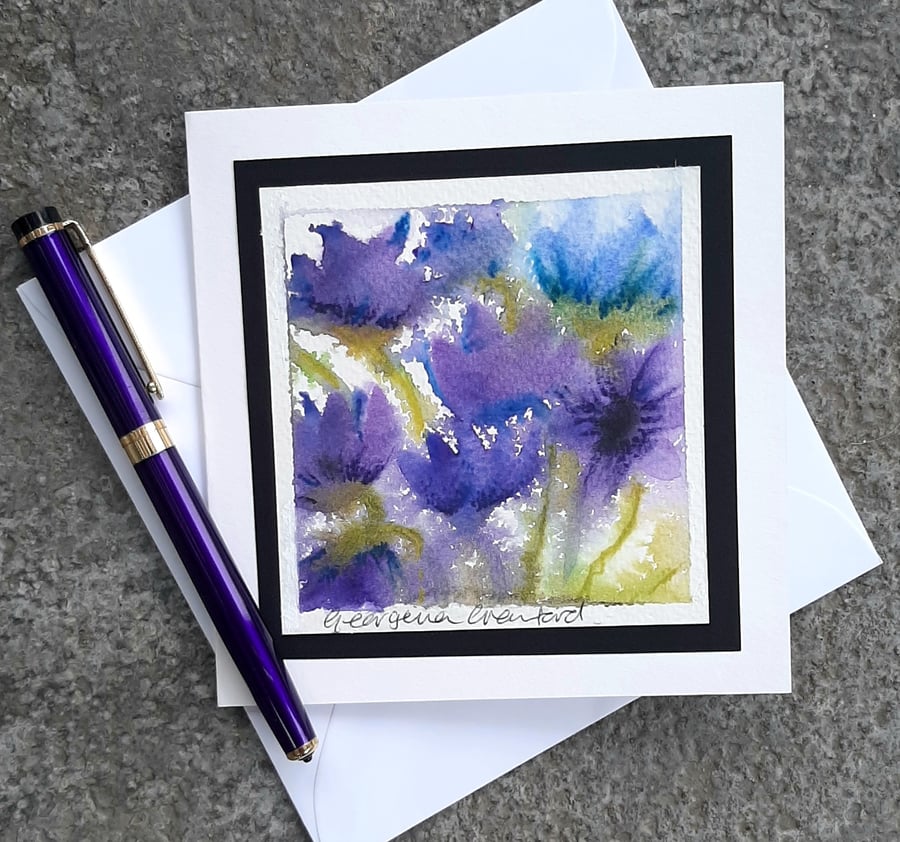 Anemones. Blank Card. Notelet Of Purple Abstract Flowers. Handpainted.
