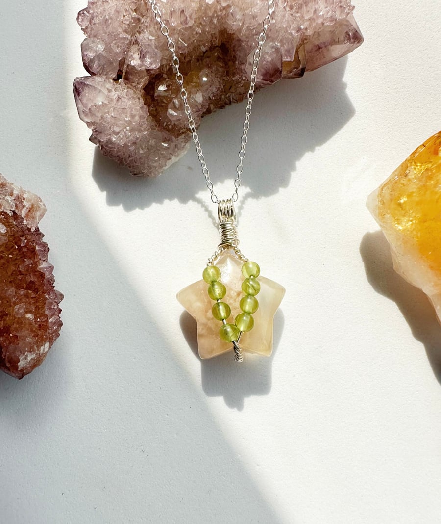 Star Necklace Flower Agate & Peridot crysta... - Folksy