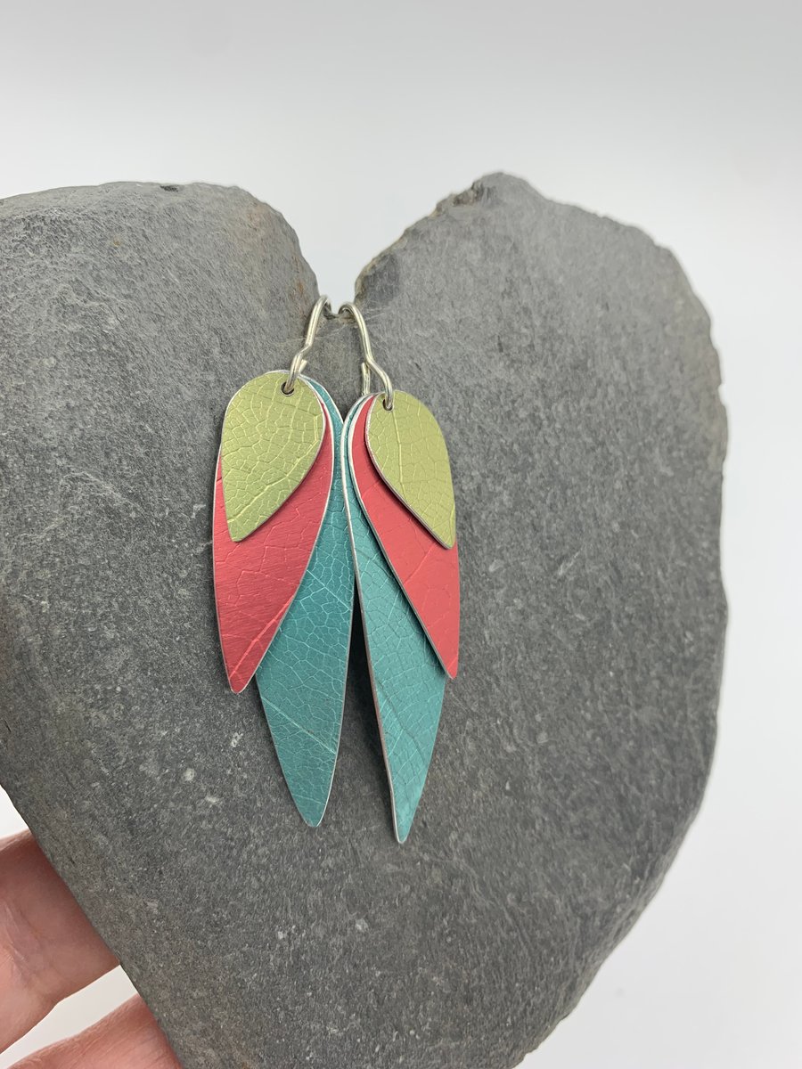 3 colour anodised aluminium parrot wing earrings 