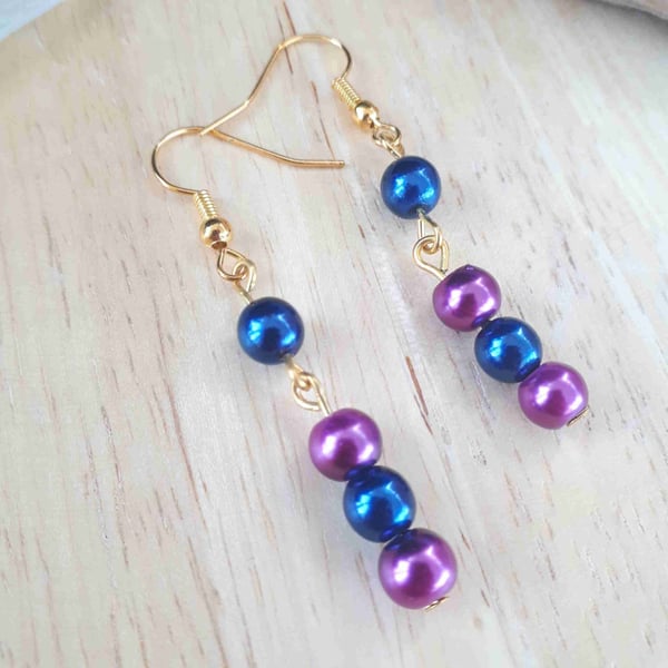 Navy & Purple Round Beaded Dangle Earrings, Gold Toned Hook, B24