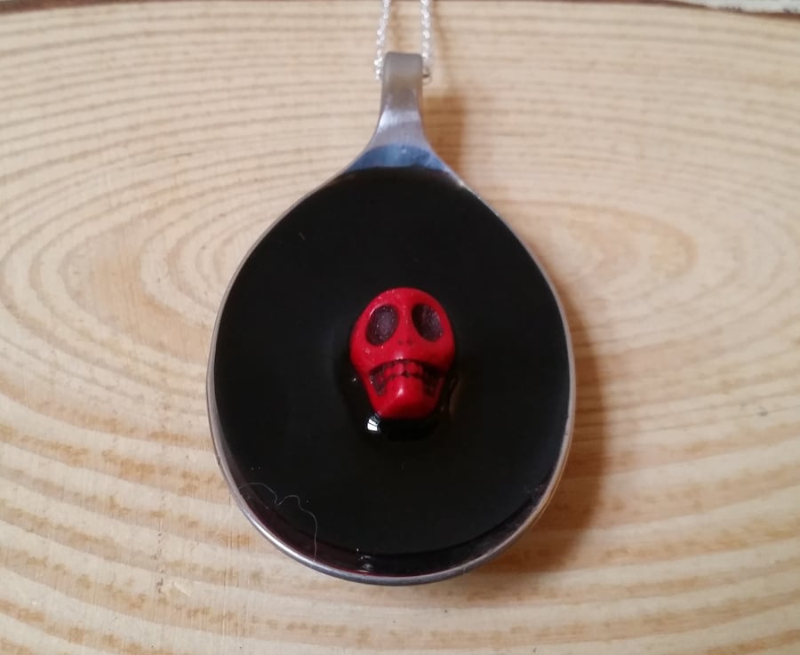 Upcycled Silver Plated Red Skull Resin Spoon Necklace SPN101606