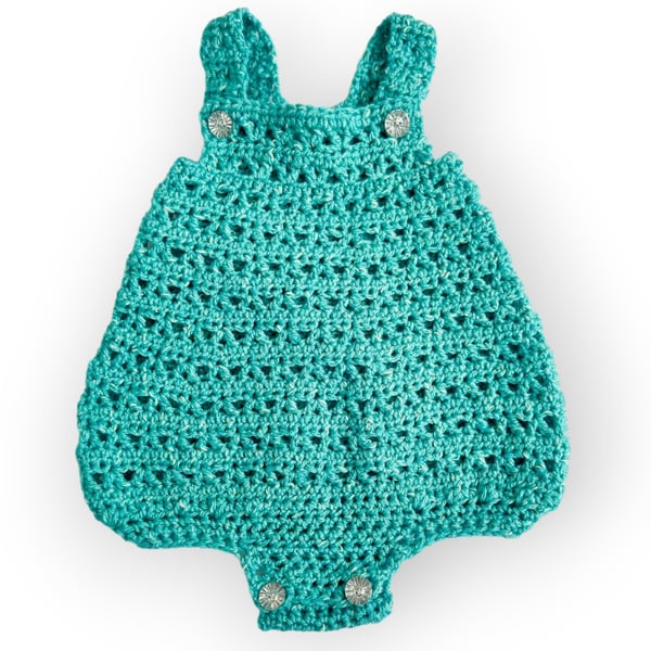 6-12 Months Teal Crochet Baby Romper – Breathable Summer Playsuit 