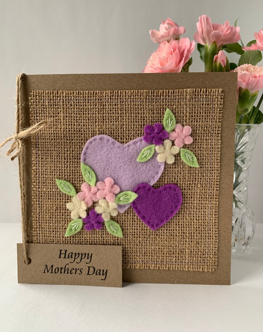 Handmade Mother’s Day Card. Hearts and flowers from wool felt. 