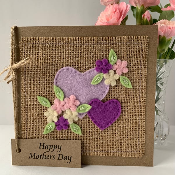 Handmade Mother’s Day Card. Hearts and flowers from wool felt. 