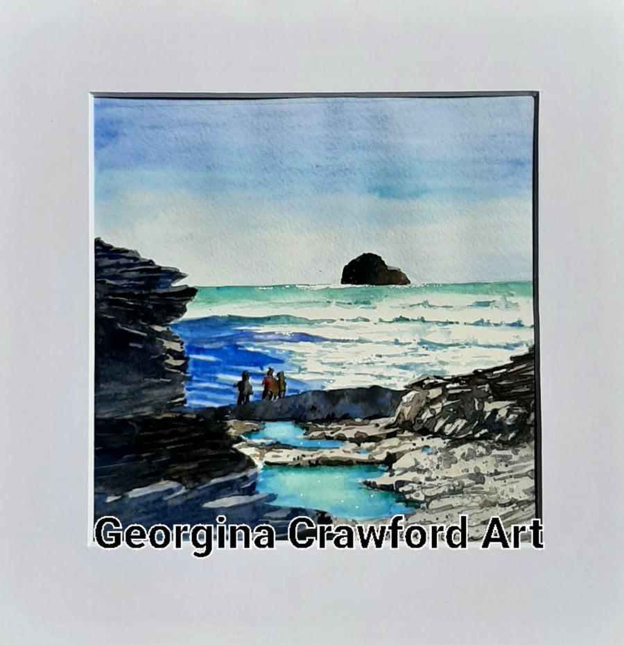 Watercolour Painting. Gull Rock, Trebarwith, Cornwall.  Nature.