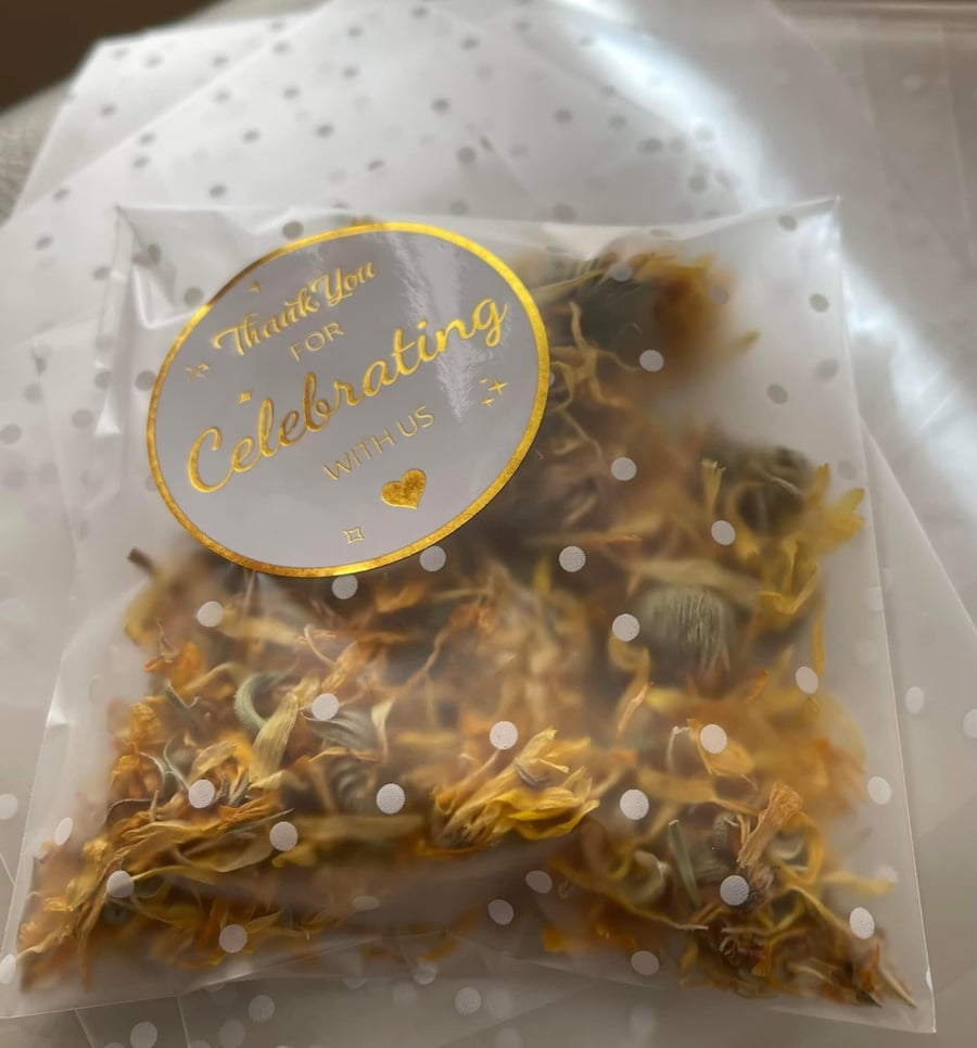 20 bags of gold yellow confetti sealed with thank you for sharing our day