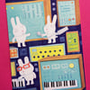 Rabbits with  Synthesisers greetings card by Jo Brown