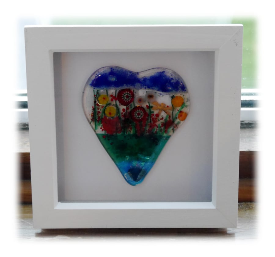 Flower Garden Heart in Box Frame Fused Glass Picture 004