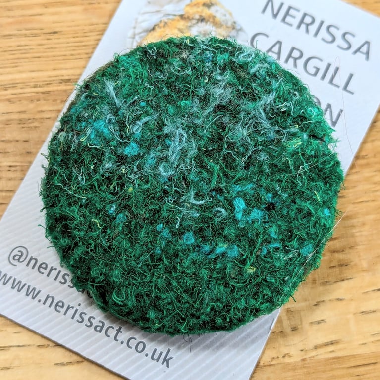 Green Moss Abstract Embellished Recycled Textile 50mm Brooches 
