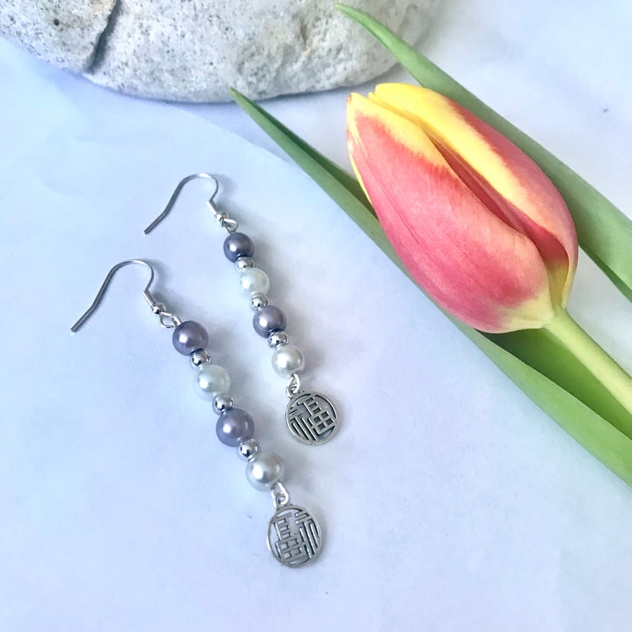 Silver Earrings with Lilac and White Glass Pearls & Japanese Charm - Boho Style