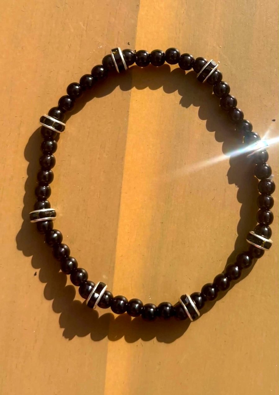 Handmade Black Beaded Bracelet with Silver-Tone Spacers