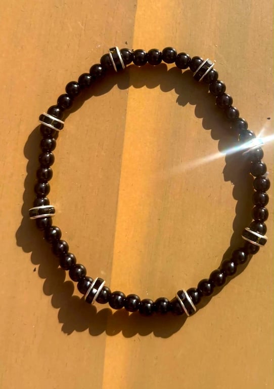 Handmade Black Beaded Bracelet with Silver-Tone Spacers