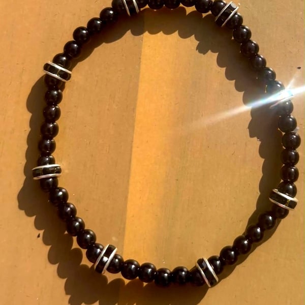 Handmade Black Beaded Bracelet with Silver-Tone Spacers