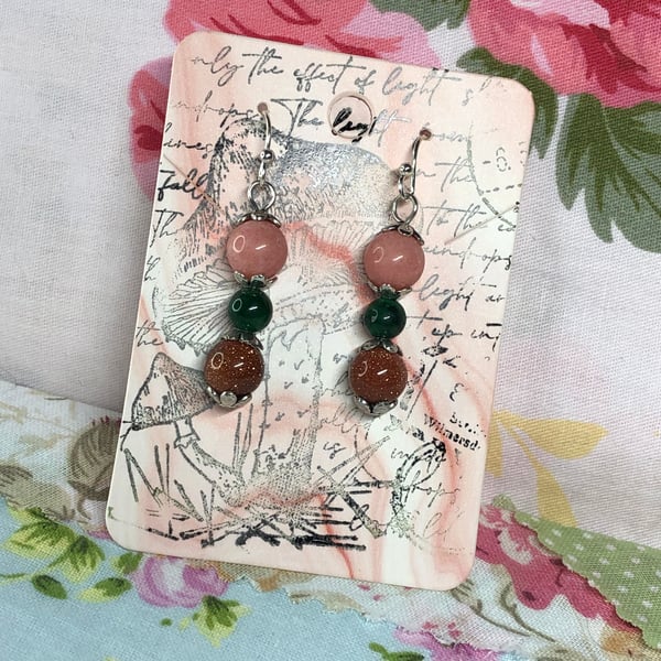 Morganite Amazonite and Goldstone earrings 