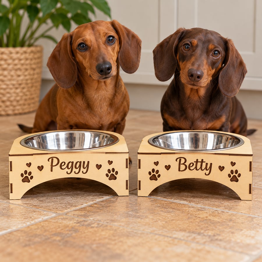 Wooden Raised Dog Bowl Stand – Engraved Pet Feeder with Custom Name
